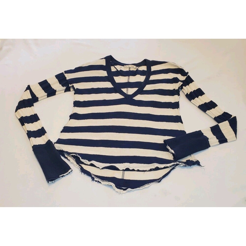 Free People We The Free Size XS Blue Cream Striped Thermal Knit V Neck Top